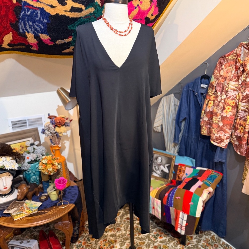 Rachel Roy Black V-Neck Split Sleeve Shift Dress / Caftan XXL w/ Pockets
